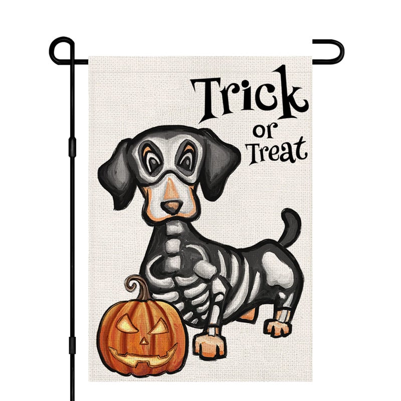 Decorhua Halloween Trick or Treat Garden Flag Ghost Dog 12x18 Inch Small Double Sided Burlap Welcome Yard Dachshund Skeleton Outside Decorations DF342 - Image 1